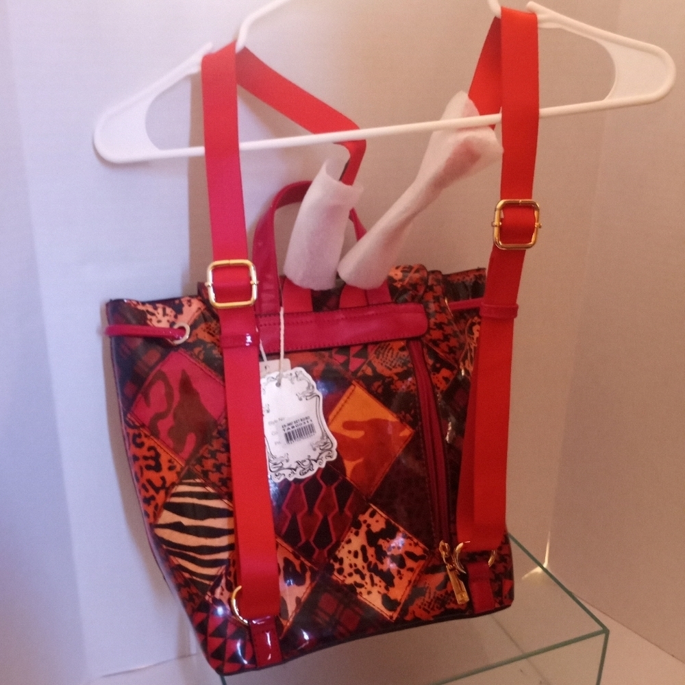 Alyssa Backpack Vegan Leather Red Geometric Shoulder School College Backpack - Picture 9 of 15